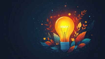 Glowing Light Bulb with Autumn Leaves and Sparkles