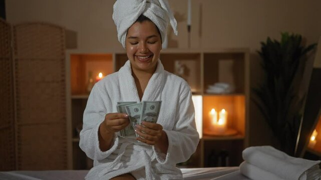 A beautiful young woman wearing a bathrobe and a towel on her head counts dollar bills while relaxing in a dimly lit spa room.