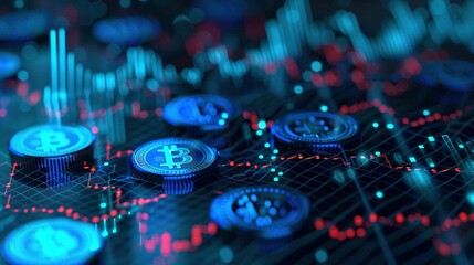 Obraz premium Business Diagram Graph Chart Background Featuring Glowing Blue Money Coins: AI Image