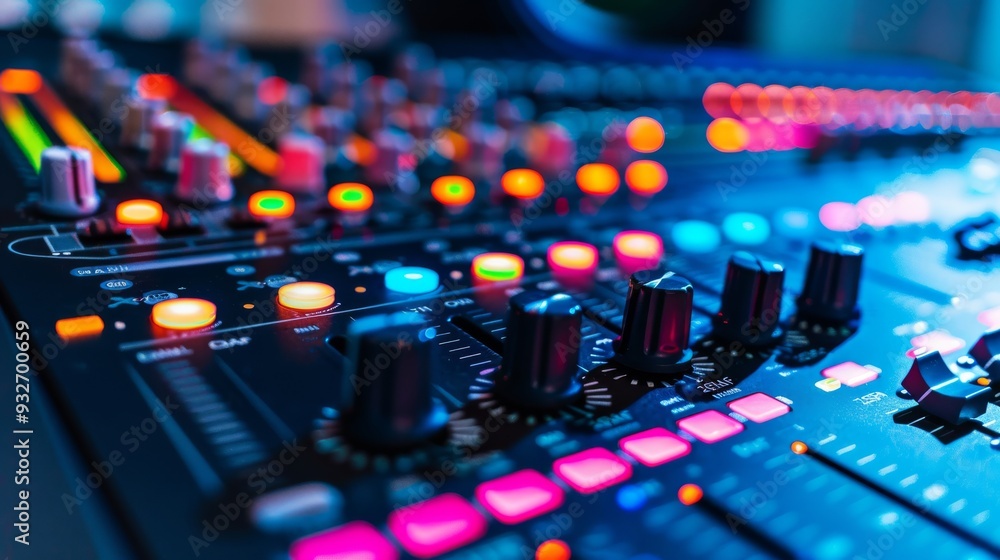 Fototapete close-up of mixing desk with colorful buttons and clean background