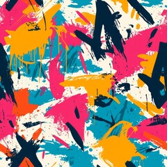 Seamless pattern of graffiti tags with vibrant color explosions and stencil designs