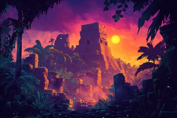 Ancient Ruins at Sunset with Lush Tropical Foliage