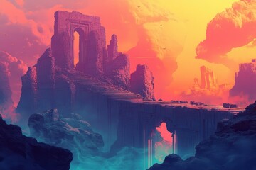 Ruined Stone Structure With Stairway Leading to a Gateway in a Fantasy Landscape