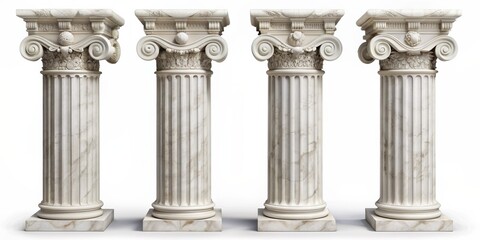 Four Ionic Columns Rendered in 3D, Marble, White Background, Greek Architecture, Classic Design, Column, Ionic