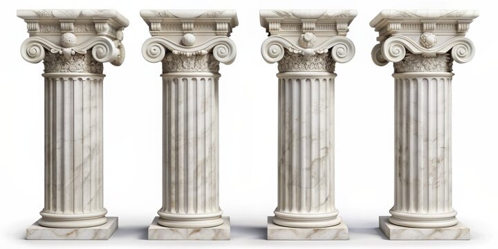 Four Ionic Columns Rendered in 3D, Marble, White Background, Greek Architecture, Classic Design, Column, Ionic