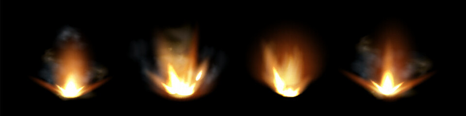 Gun flashes with smoke and fire sparkles. Pistol shots clouds, muzzle shotgun explosion. Blast motion, weapon bullets trails isolated on black background. © kume111000