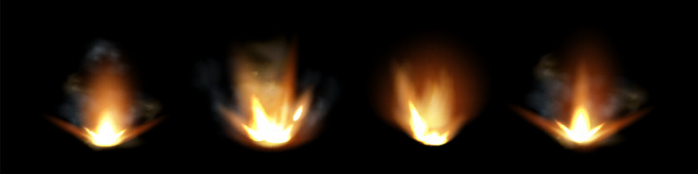 Gun flashes with smoke and fire sparkles. Pistol shots clouds, muzzle shotgun explosion. Blast motion, weapon bullets trails isolated on black background.