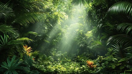 Obraz premium Lush Tropical Rainforest with Sunbeams