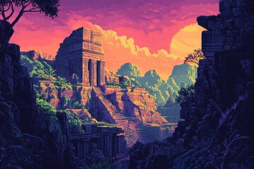 Ancient Stone Temple Ruins in a Lush Tropical Landscape