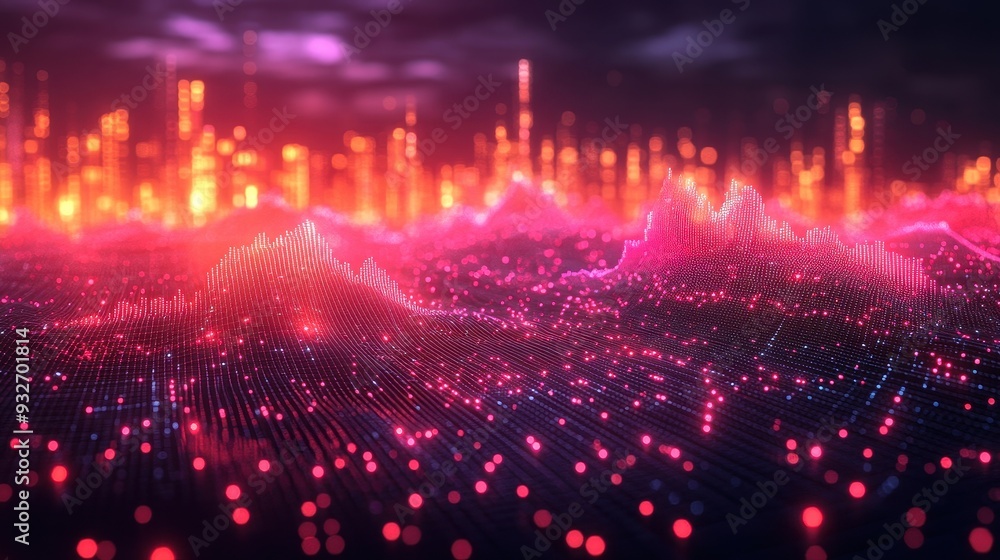 Poster abstract digital landscape with glowing lights and bokeh effect