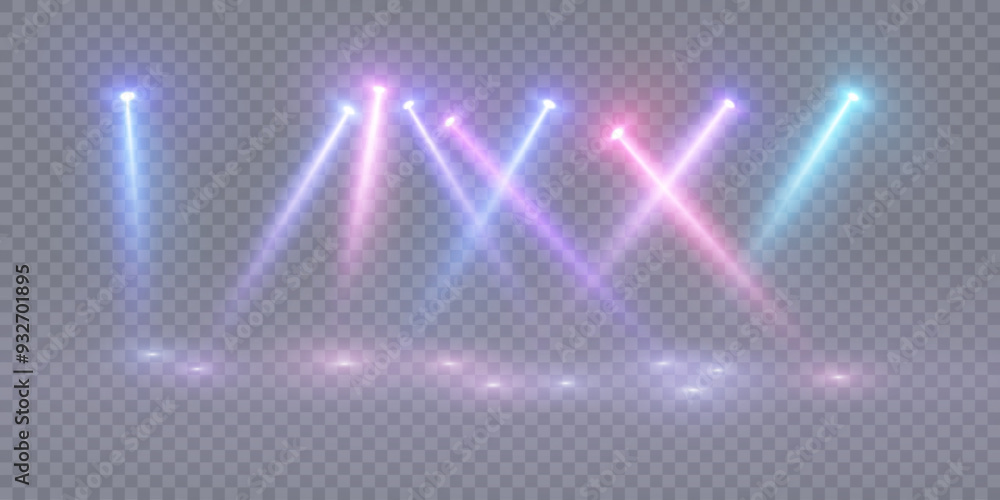 Poster Stage lighting with LED strobe spotlights. Laser light show. Empty stage before the performance. Spotlights on a transparent background.