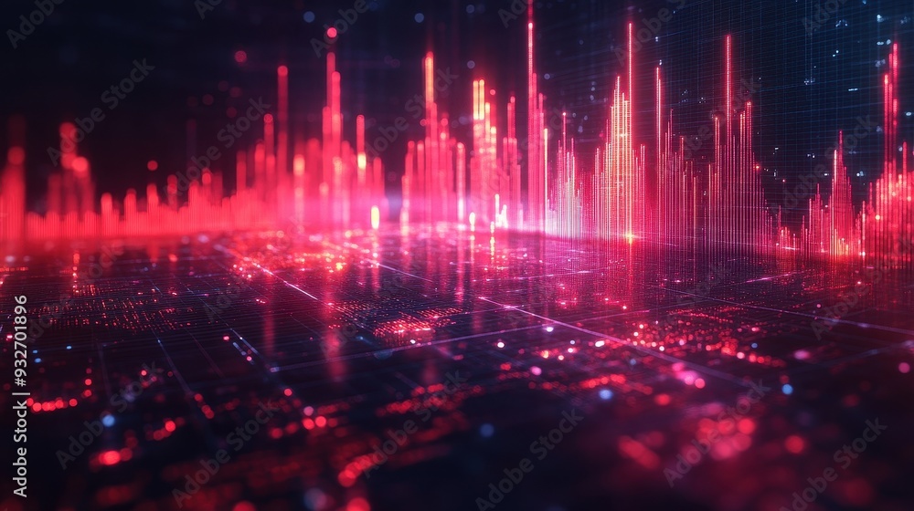 Poster abstract digital technology background with red neon lights and grid pattern