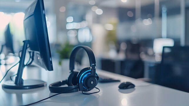 Communication support, call center and customer service help desk. VOIP headset for customer service support (call center) concep. 