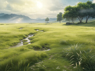 Lush Green Meadow with Small Stream and Trees
