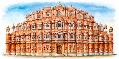 Hawa Mahal Watercolor Painting A Vibrant Architectural Masterpiece, Jaipur, Rajasthan, India, Palace, Architecture