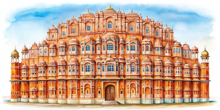 Hawa Mahal Watercolor Painting A Vibrant Architectural Masterpiece, Jaipur, Rajasthan, India, Palace, Architecture