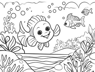 Naklejka premium Coloring Pages for Kids, Preschoolers, Simple Coloring Book, Educational, Printable, Animals, Children, Underwater. 