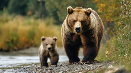 Obraz premium Mother Bear and Cub Walking