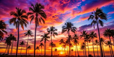 Obraz premium Palm Trees Silhouetted Against a Vibrant Sunset, Palm Trees, Sunset, Tropical, Beach