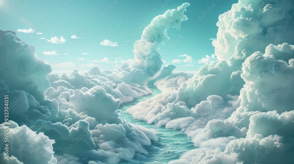 Poster capture the essence of cloud computing in a surreal landscape where data flows like rivers through t