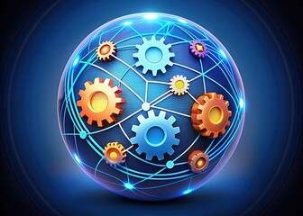 A modern, stylized icon representing system integration, featuring interconnected gears, circuits, and networks merged into a cohesive, spherical shape, symbolizing harmony and unity.