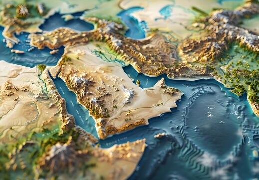 3d map of the middle east, accurate topography, high resolution, accurate features, accurate borders, no text or numbers on it,
