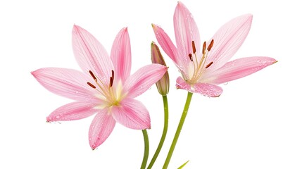 Fototapeta premium Two pink lilies with water drops on petals, isolated on white background.