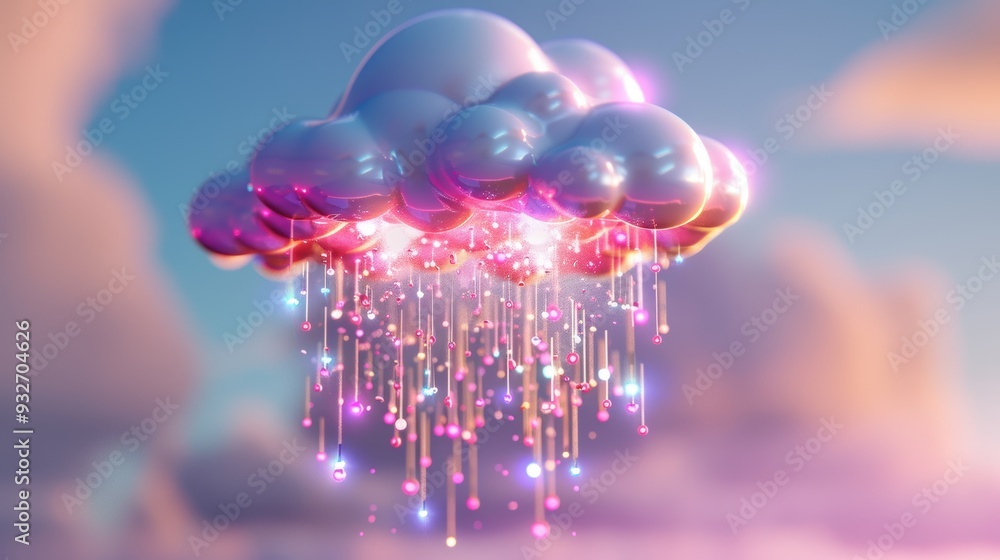 Poster explore surreal cloud computing with ai and big data, featuring floating neural networks and luminou