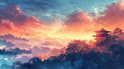 Fototapeta premium Japanese Pagoda Silhouette in Sunset Sky with Stars and Trees