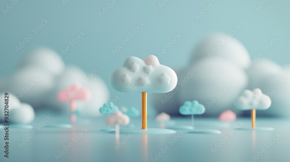 Poster capture the essence of cloud computing in a surreal landscape where digital apps and tools float ami