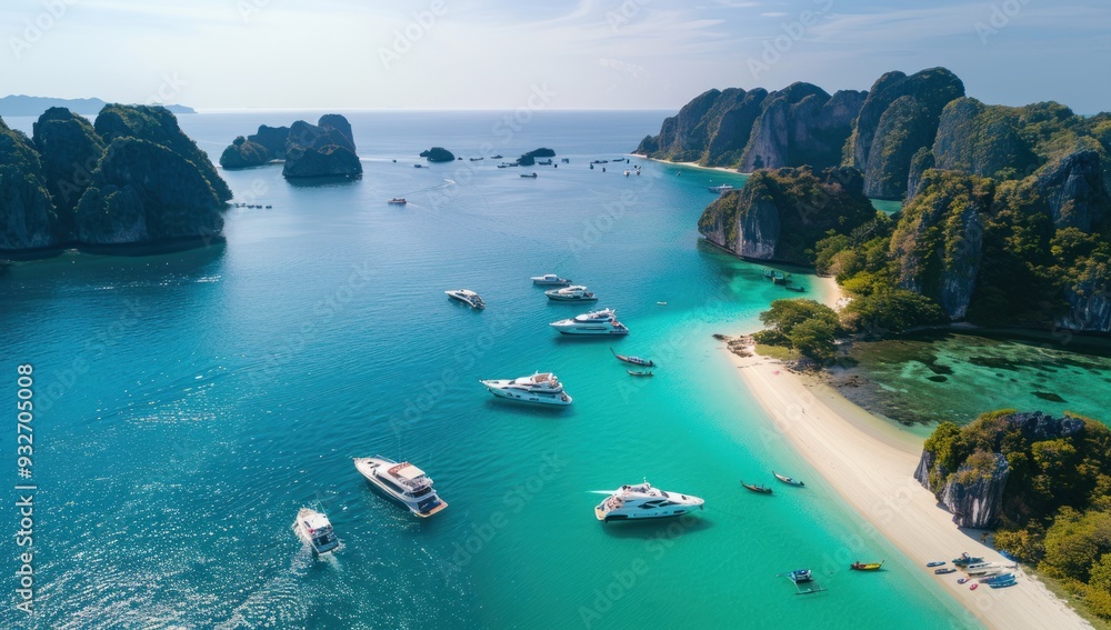 Sticker Aerial View of Tropical Island with Yachts