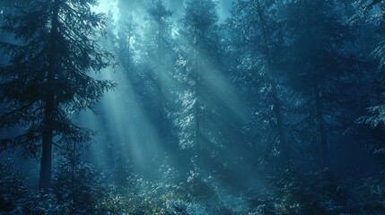 Mystical Forest with Sunbeams Shining Through Trees
