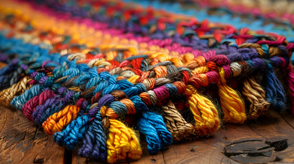Closeup of Colorful Knitted Fabric on Wooden Surface - Illustration
