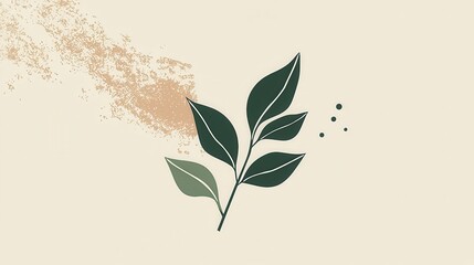 Minimalist Green Leaf Branch with Abstract Beige Texture Background