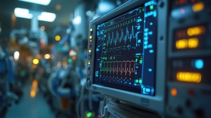 Fototapeta premium Monitor displaying vital signs in a medical environment.
