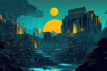 Ancient Temple Ruins Under a Double Moon in a Mystical Landscape