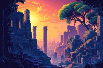 Ancient Stone Ruins at Sunset with a Tree in the Foreground