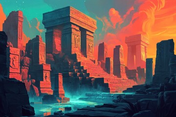 Ancient Ruins by a Mystic River at Dusk