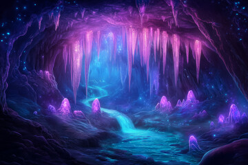 A mystical underground cave featuring glowing pink crystals, a serene waterfall, and a shimmering blue river under a starry ceiling