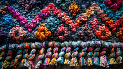 Colorful Woven Rug with Tassels - Closeup Photo