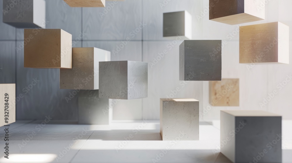 Poster Contemporary design with cubes of different sizes and shades arranged in a floating manner, set against a light, uniform background