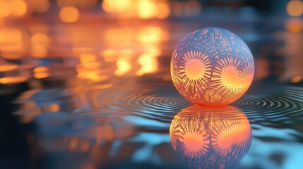 Obraz premium Image of a glowing orb casting spectral imprints with intricate patterns and radiant hues on a reflective surface.