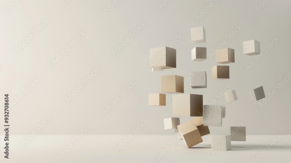 Poster Contemporary design with cubes of different sizes and shades arranged in a floating manner, set against a light, uniform background