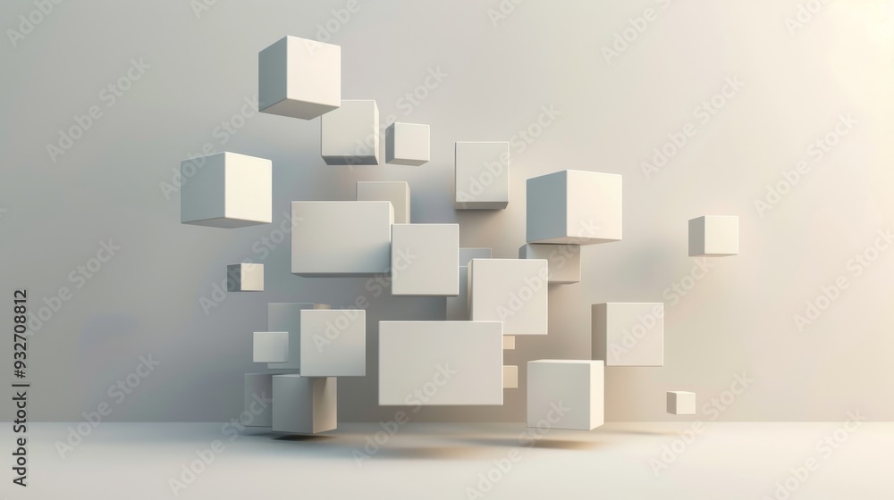 Aufkleber Contemporary design with cubes of different sizes and shades arranged in a floating manner, set against a light, uniform background