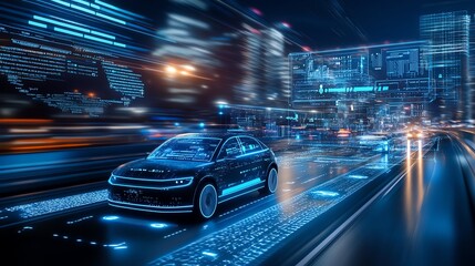 Fototapeta premium Autonomous electric car driving on a futuristic city street.