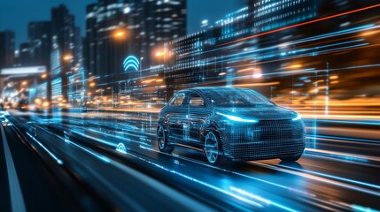 Fototapeta premium Autonomous car driving on a city street at night with futuristic technology.