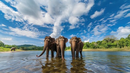 Obraz premium Elephant Family in the River