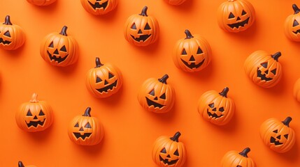 Pattern of tiny jack-o-lanterns with various shapes and sizes on an orange background