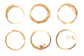 Coffee stain circle isolated set. Round coffee stain cup collection, drity coffee spill rings on...