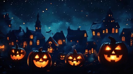 Abstract wallpaper with tiny jack-o-lanterns and haunted houses in a whimsical design on a dark background